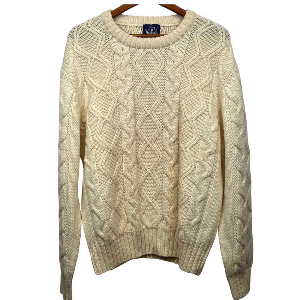 Woolrich Vintage Mens XL Cream Cable Knit 100%‎ Wool Sweater Fisherman Academia